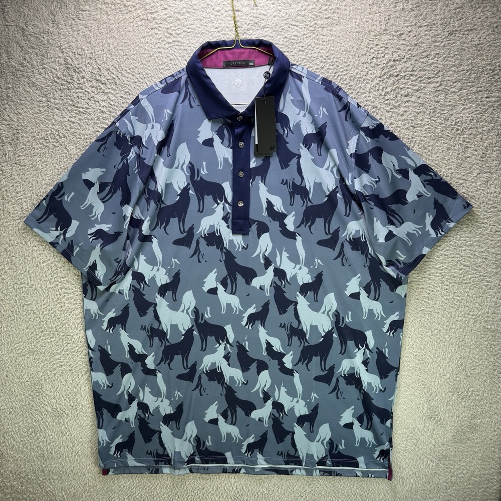 Greyson Golf Polo Shirt Mens 2XL Blue Wolf AOP Short Sleeve Wolves NWT MSRP $120